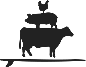 Silhouette of a pig with a chicken on its back, balanced on a seesaw.