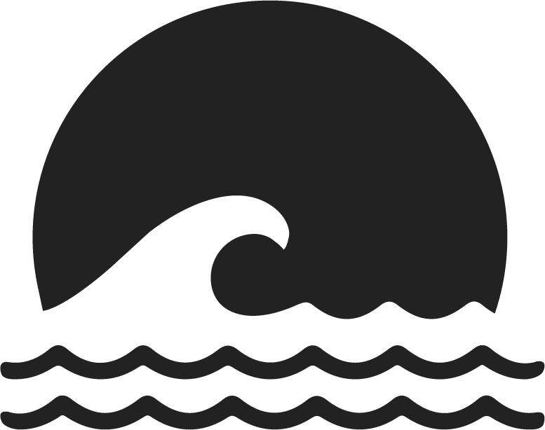 A stylized black wave icon with a large wave crest and smaller waves below.