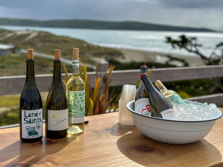 Bottles of wine on a wooden table with a bowl of ice and bottles of sparkling wine, outdoor scenery with a body of water, dunes, and cloudy sky in the background.